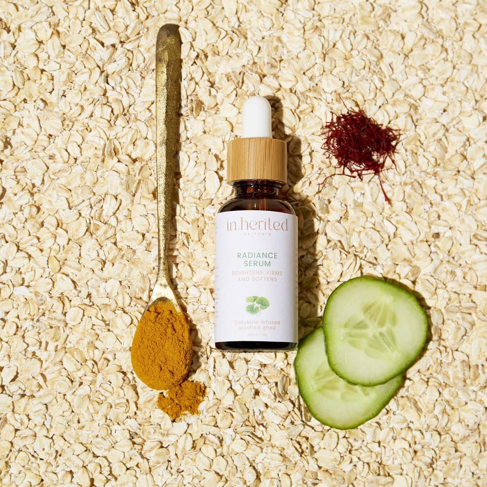 Radiance Serum flatlay with oats and saffron